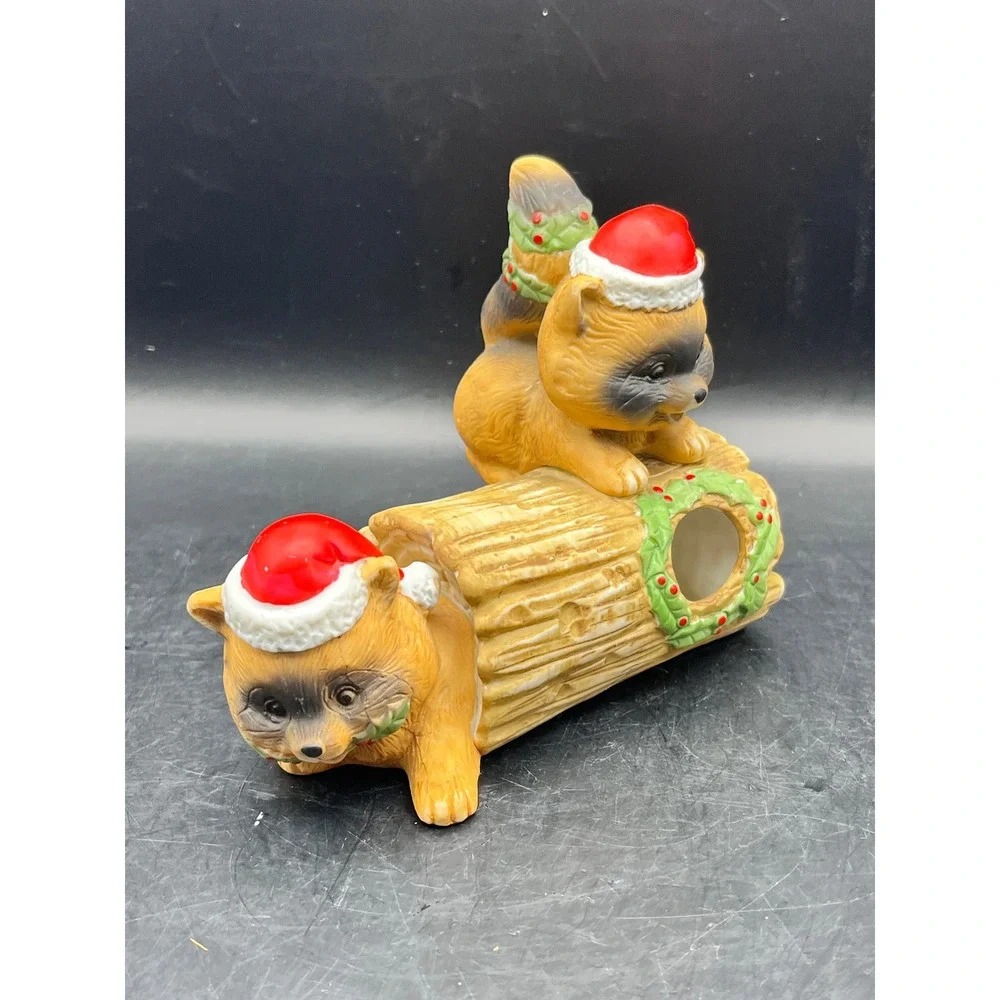 Vtg RR Roman Ceramic Raccoon Log‎ Christmas Holiday Figurine Santa Hats 5
